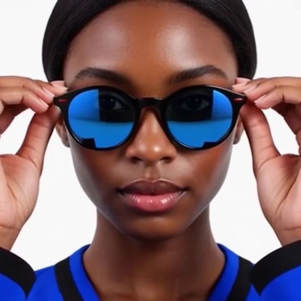 Stylish Round Sunglasses Blue Mirrored Lenses Black Frame Women's‎ Polarized New